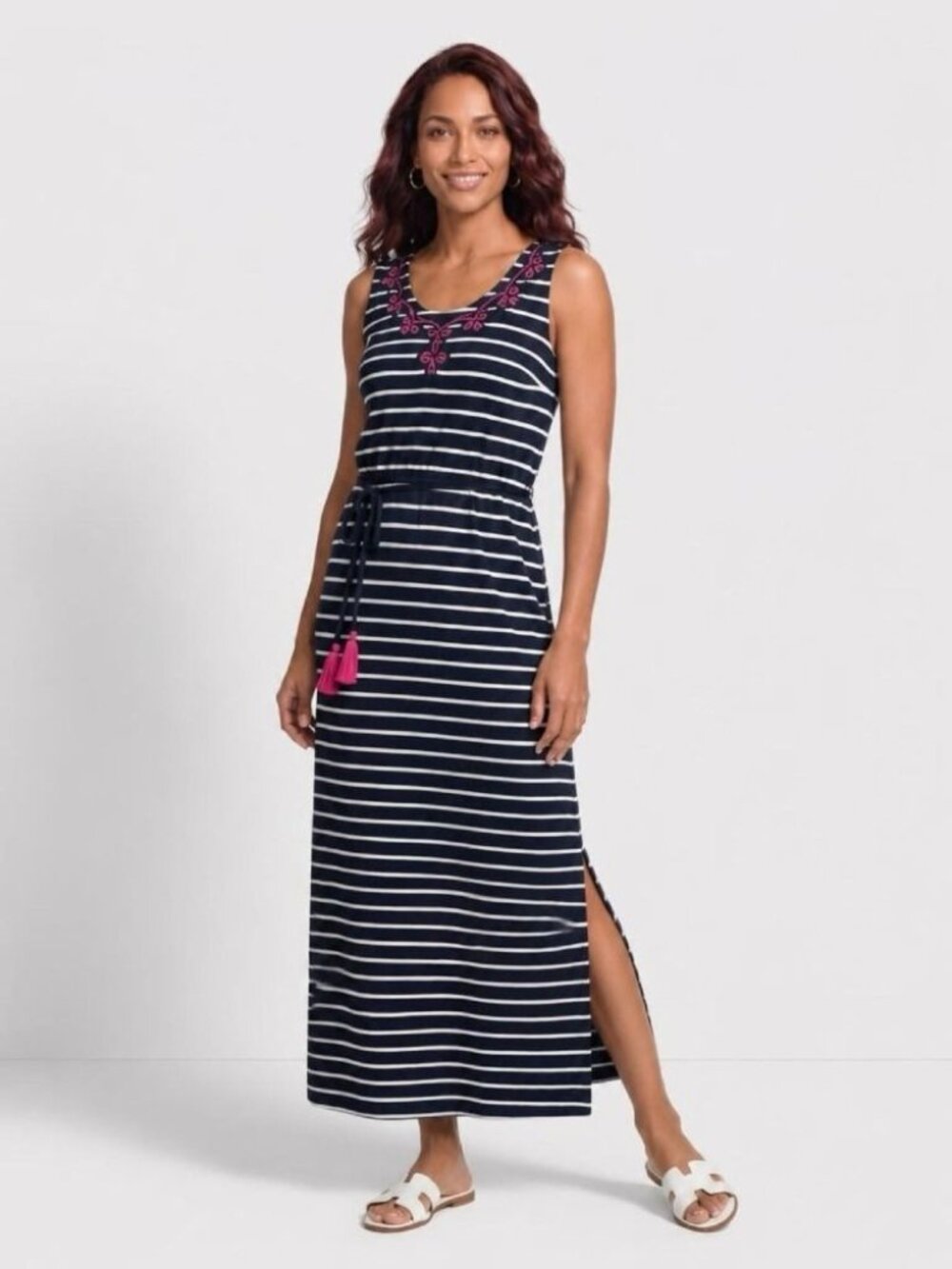 Striped Maxi Dress Pink Embroidery Sleeveless Tie Waist And Side Slits Talbots - Picture 4 of 7